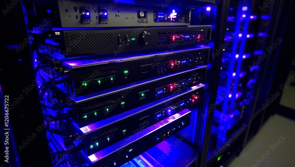 Poster Illuminated server rack with network devices and cables.
