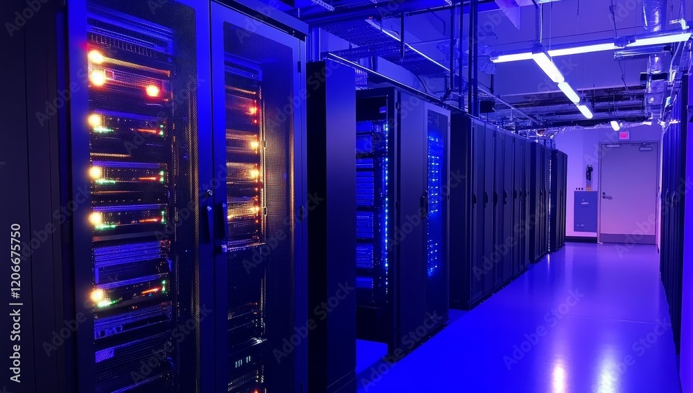 Poster Modern data center with rows of server racks lit in blue.