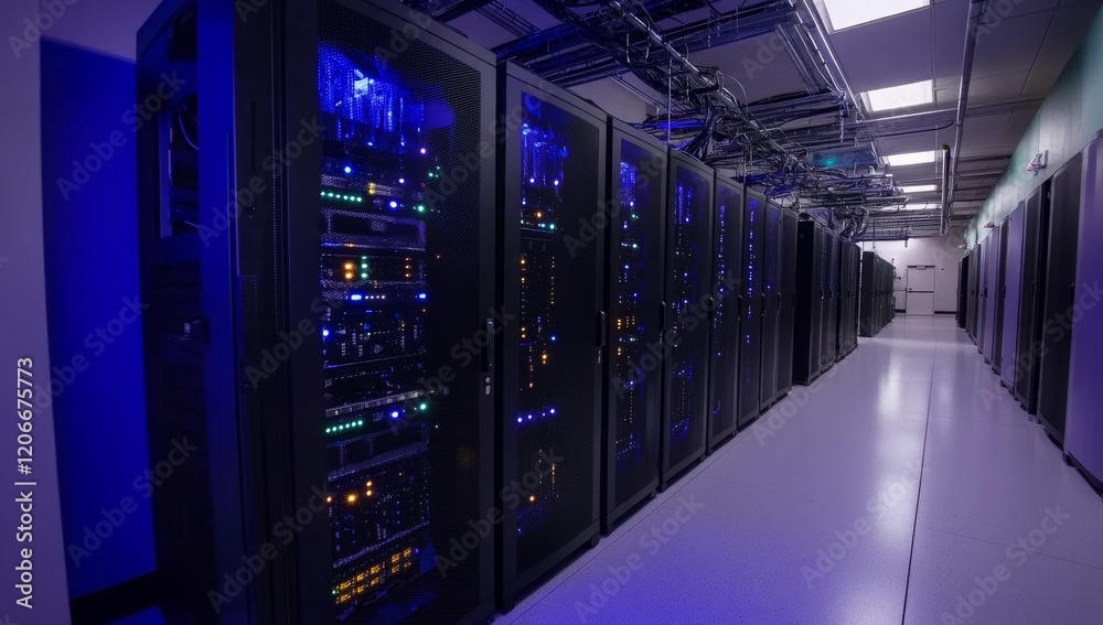 Poster Data center server room with rows of powerful computer servers.