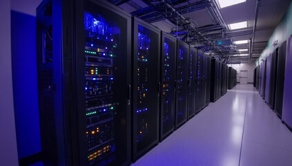 Data center server room with rows of powerful computer servers.