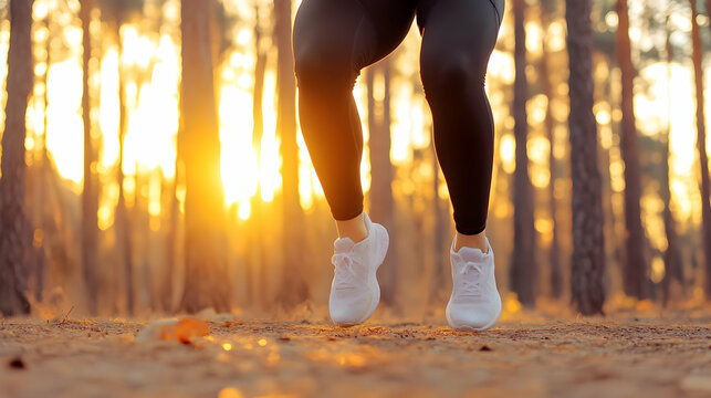 Woman jogging forest sunset golden hour fitness wellness - Powered by Adobe