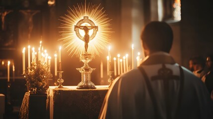 Priest Praying Before Illuminated Crucifix Altar