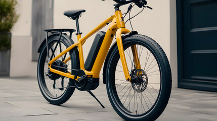 Yellow electric bike parked near house, sunny day. Ideal for e-bike ads