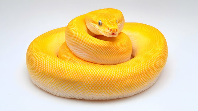 Yellow Python coiled on white background; studio shot; reptile pet; zoology
