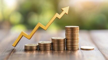 Growth in financial investments represented by rising coins and an upward trend line
