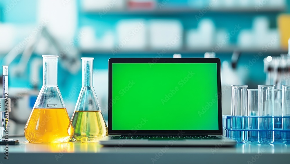 Poster laptop with green screen in a lab, flanked by erlenmeyer flasks and test tubes containing yellow and