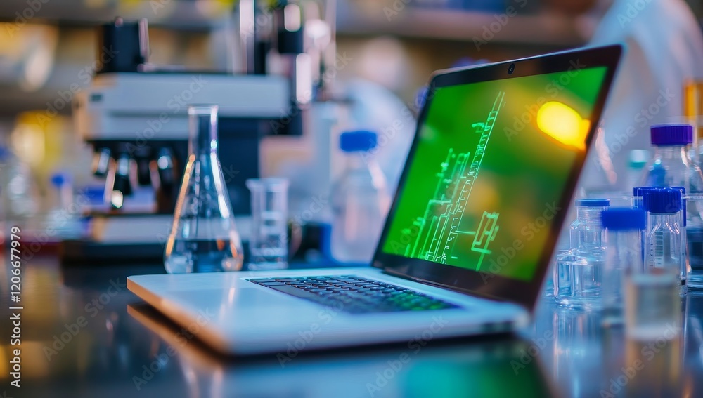 Poster Laptop displaying scientific data in a laboratory setting with glassware and microscope.