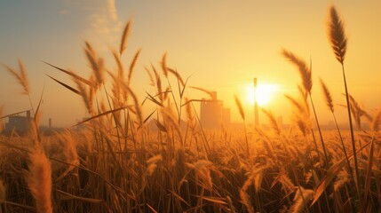 Fototapeta premium An artistic depiction of a golden wheat field at sunrise, the vibrant stalks glowing with life, while the background reveals a hazy industrial landscape