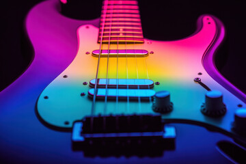A vibrant close-up of an electric guitar with colorful lighting.