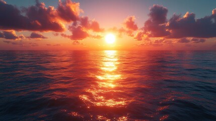 A radiant sun rising from the horizon over a boundless ocean, its golden rays spreading across the water,