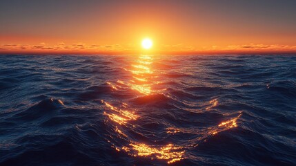 A radiant sun rising from the horizon over a boundless ocean, its golden rays spreading across the water,