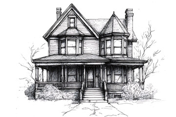Detailed sketch of a vintage Victorian house with intricate architecture and overgrown foliage