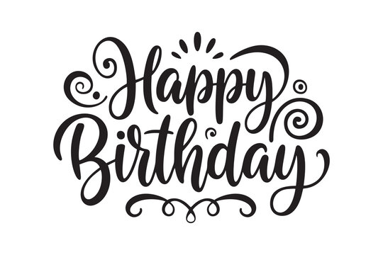 happy birthday lettering in black hand-drawn calligraphy with decorative swirls, perfect for greeting cards, invitations, party decorations