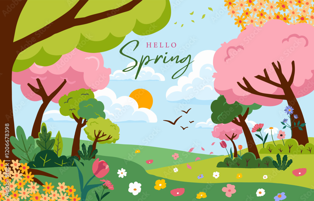 Wall mural spring landscape background with mountain and tree for horizontal design