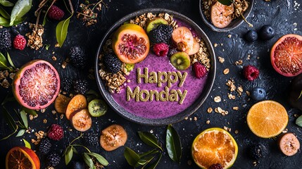 Happy Monday! Delicious and colorful smoothie bowl with fresh fruits, granola, and berries.