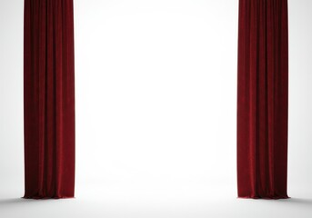 Elegant red curtains pulled back symmetrically revealing a clear central space for stage or display use isolated on white background