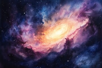 Fototapeta premium Watercolor galaxy with swirling nebulas and stars, the cosmic scene glowing with soft, otherworldly light.