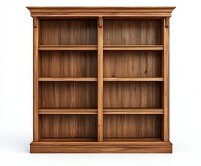 Empty wooden bookcase with six shelves and classic design.