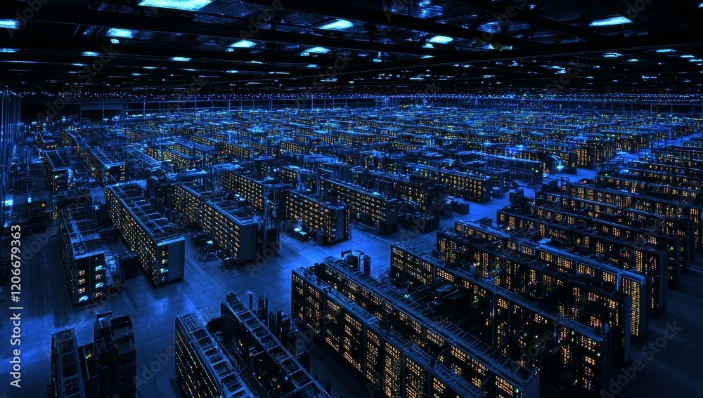 Poster Vast server room, illuminated blue, showcasing numerous racks of computer hardware.