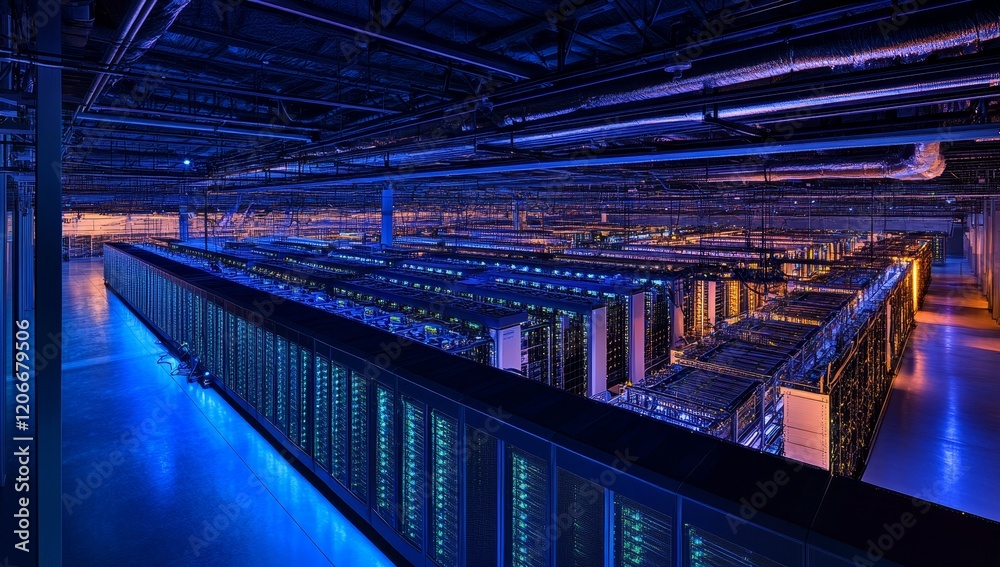 Poster Vast server room with rows of illuminated data processing units.