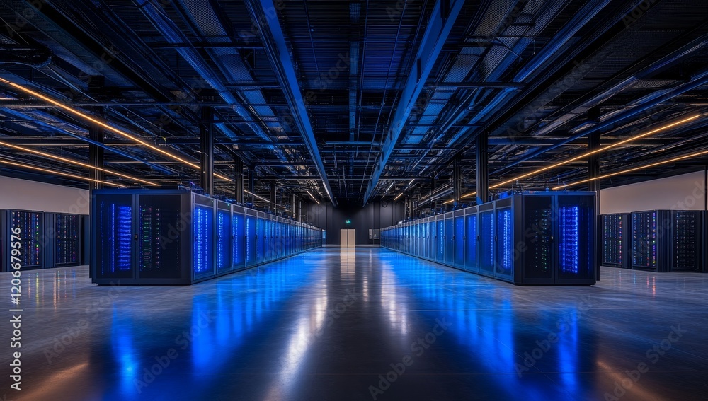 Poster modern data center interior with rows of servers and blue lighting.