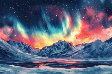 Watercolor interpretation of an aurora borealis over snow-covered mountains, the sky alive with vibrant light.