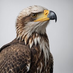 Obraz premium An eagle perched with its head tilted inquisitively, detailed feathers and a white background.