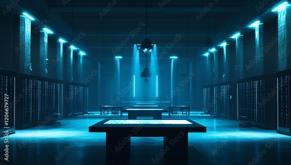 Poster futuristic data center with blue lighting, servers, and interactive tables.
