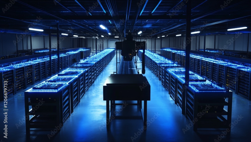 Poster Modern server room with rows of illuminated racks and central maintenance platform.