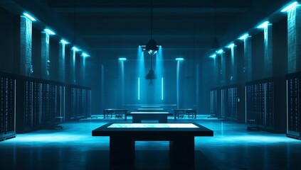 Futuristic data center with blue lighting, servers, and interactive tables.