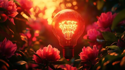Obraz premium A light bulb is glowing in a field of red flowers. The light bulb is surrounded by the flowers, which are in full bloom. The scene is serene and peaceful, with the light bulb providing a warm