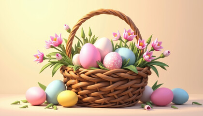 Easter Basket with Colorful Eggs and Flowers