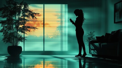 Woman silhouetted in modern home at sunset
