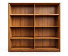 Empty wooden bookcase with six shelves.