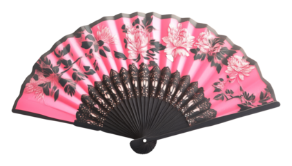 Pink oriental folding fan with floral design, elegance and cultural artistry concept