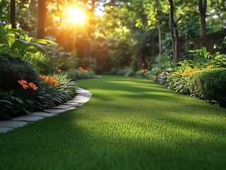 Sunlit garden path with lush greenery.