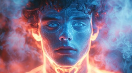 Neon blue face with circuit-like glow surrounded by mist