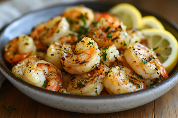 Skillet with sizzling garlic shrimp garnished with coriander