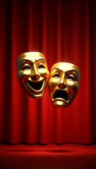 Golden Comedy and Tragedy Masks on Red Stage Curtain