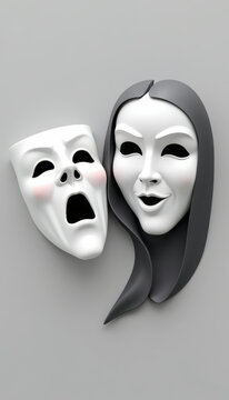 Minimalist White Comedy and Tragedy Masks with Female Face