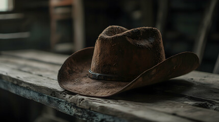 rustic brown cowboy hat resting on wooden surface for countryside festival vibes