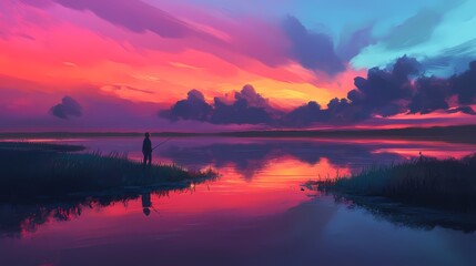 Obraz premium Serene Landscape at Twilight with Vibrant Colors Reflecting on Calm Water Surrounded by Lush Grass and Dramatic Clouds under a Colorful Sky