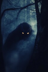 Creepy monster lurking in foggy forest at night