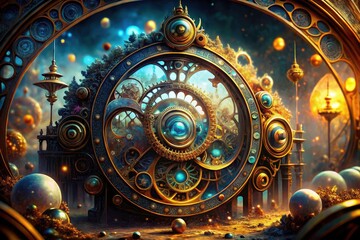 Fototapeta premium Futuristic clockwork portal bursts from a steampunk time machine, a surreal double exposure AI art.