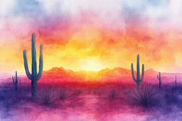 Watercolor sunset over a desert landscape with cacti, the warm colors blending into the soft sky.