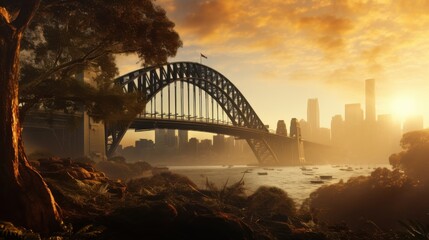 Naklejka premium A dramatic view of the Sydney Harbour Bridge from below, its towering structure glowing in the golden hues of sunrise, 