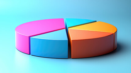 Obraz premium 3D colorful pie chart showing data segments, sections separated, pastel tones on blue background.