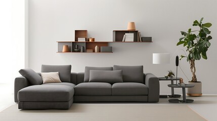 Compact living room interior design with a convertible gray sofa bed, a tiered side table, and floating wall-mounted storage.