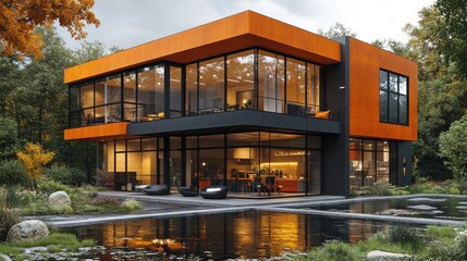 Obraz premium Modern architectural house with orange accents surrounded by trees and a reflective pond at dusk