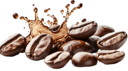Roasted coffee beans splashing in coffee, isolated on transparent background 